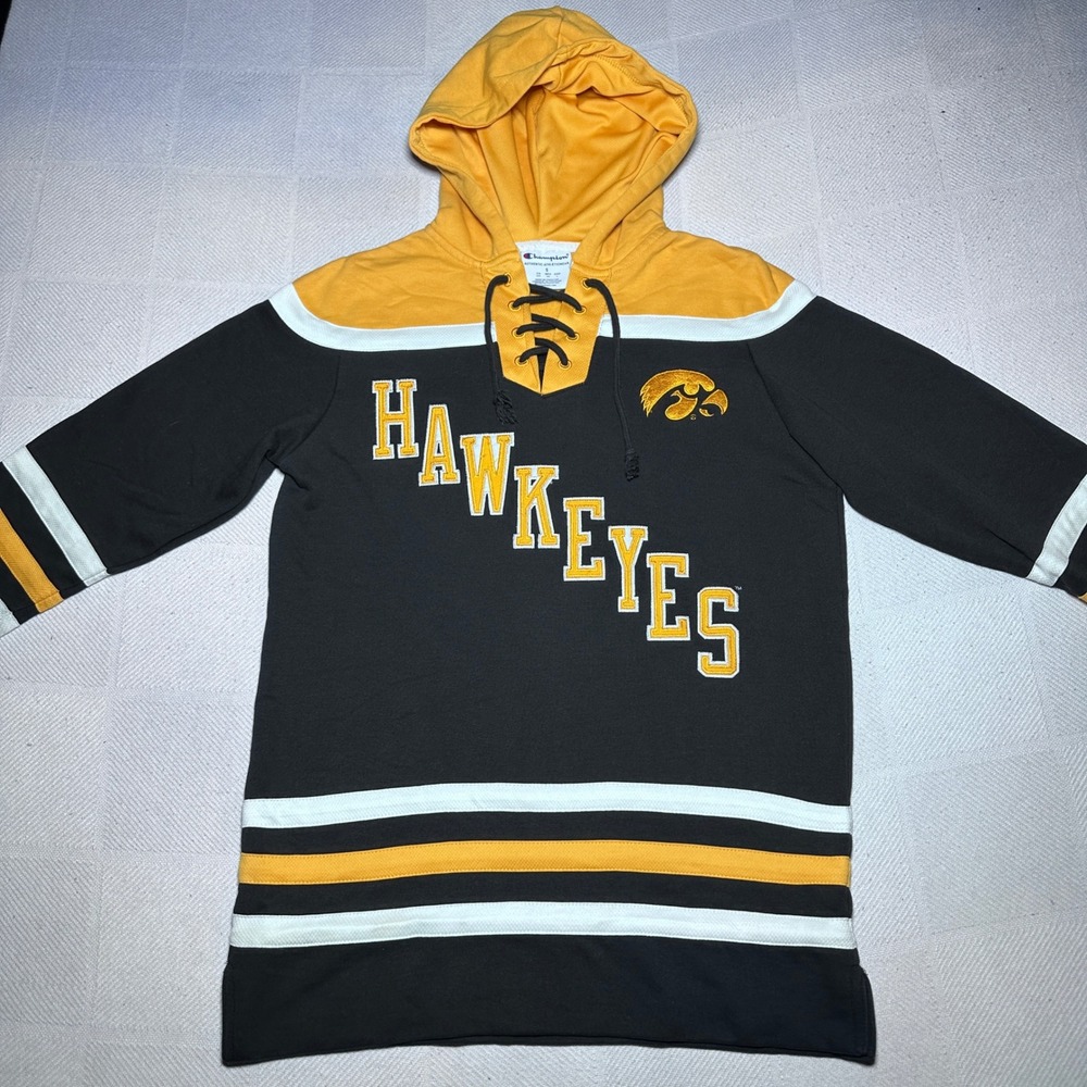 Champion Iowa Hawkeyes Hoodie Mens Small Lace Up Hockey Jersey Black Yellow - Picture 2 of 10